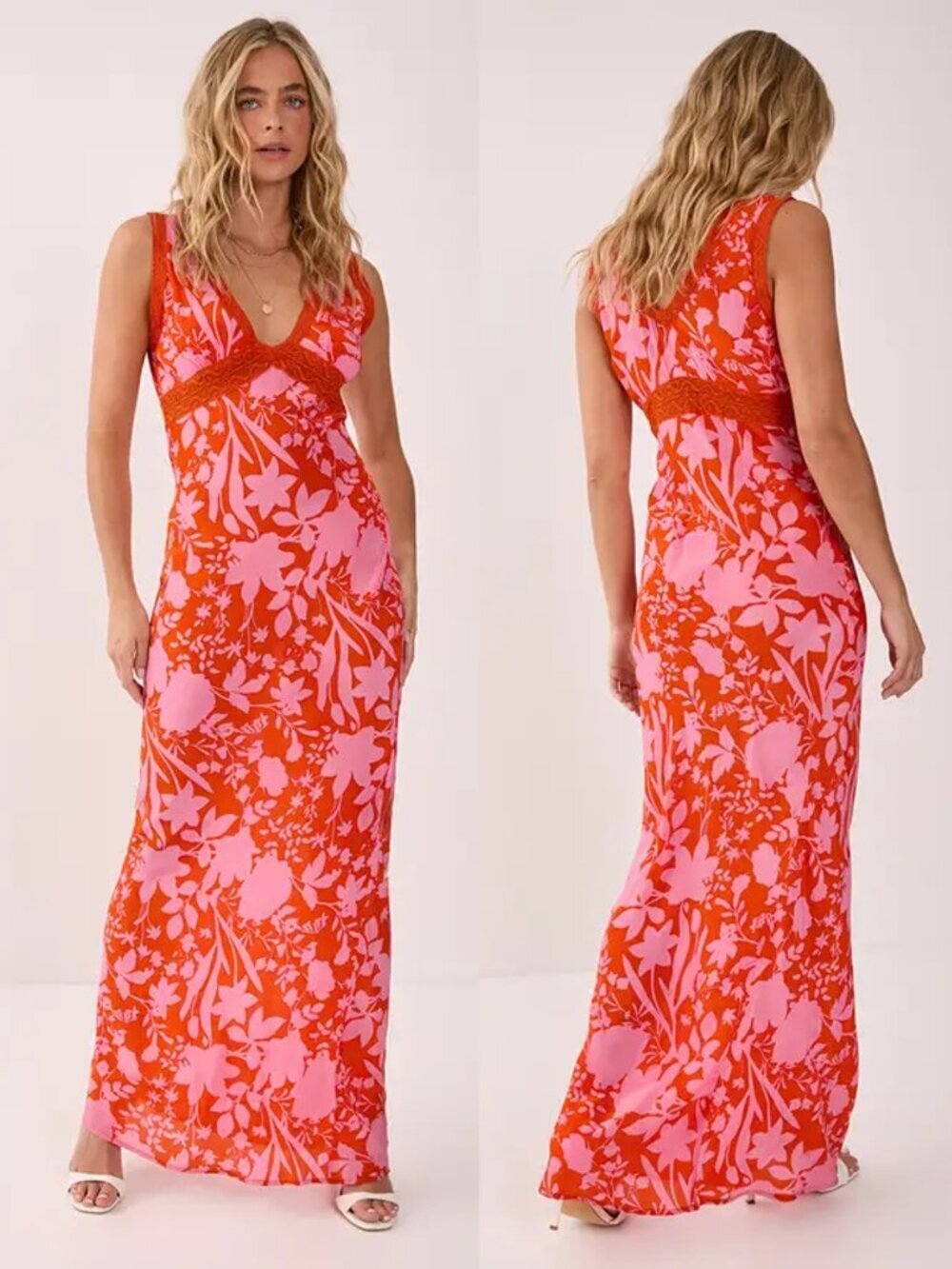 NWT New Nasty Gal Floral Lace Insert Plunge Red Maxi Dress Size 6